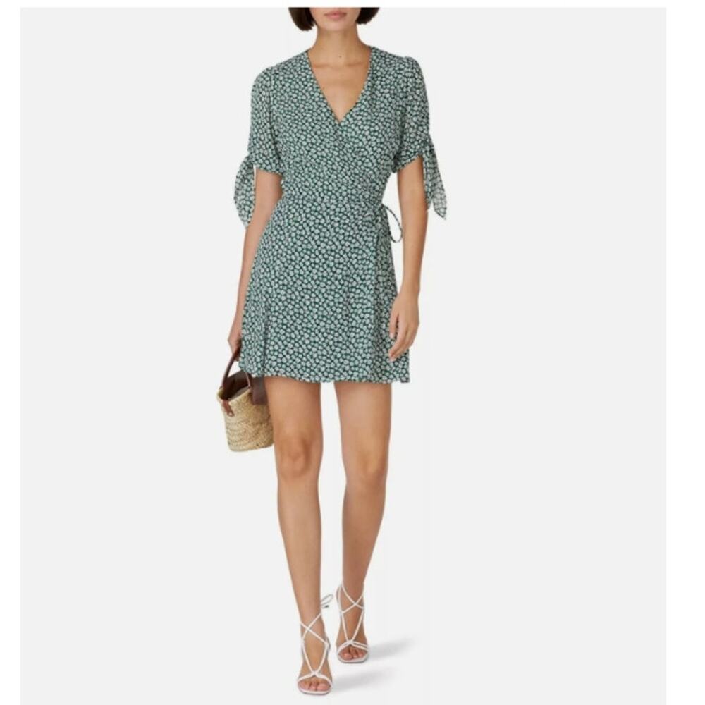 Reformation Venezuela Sammy Mini Wrap Dress Green Floral Print Women Size Small